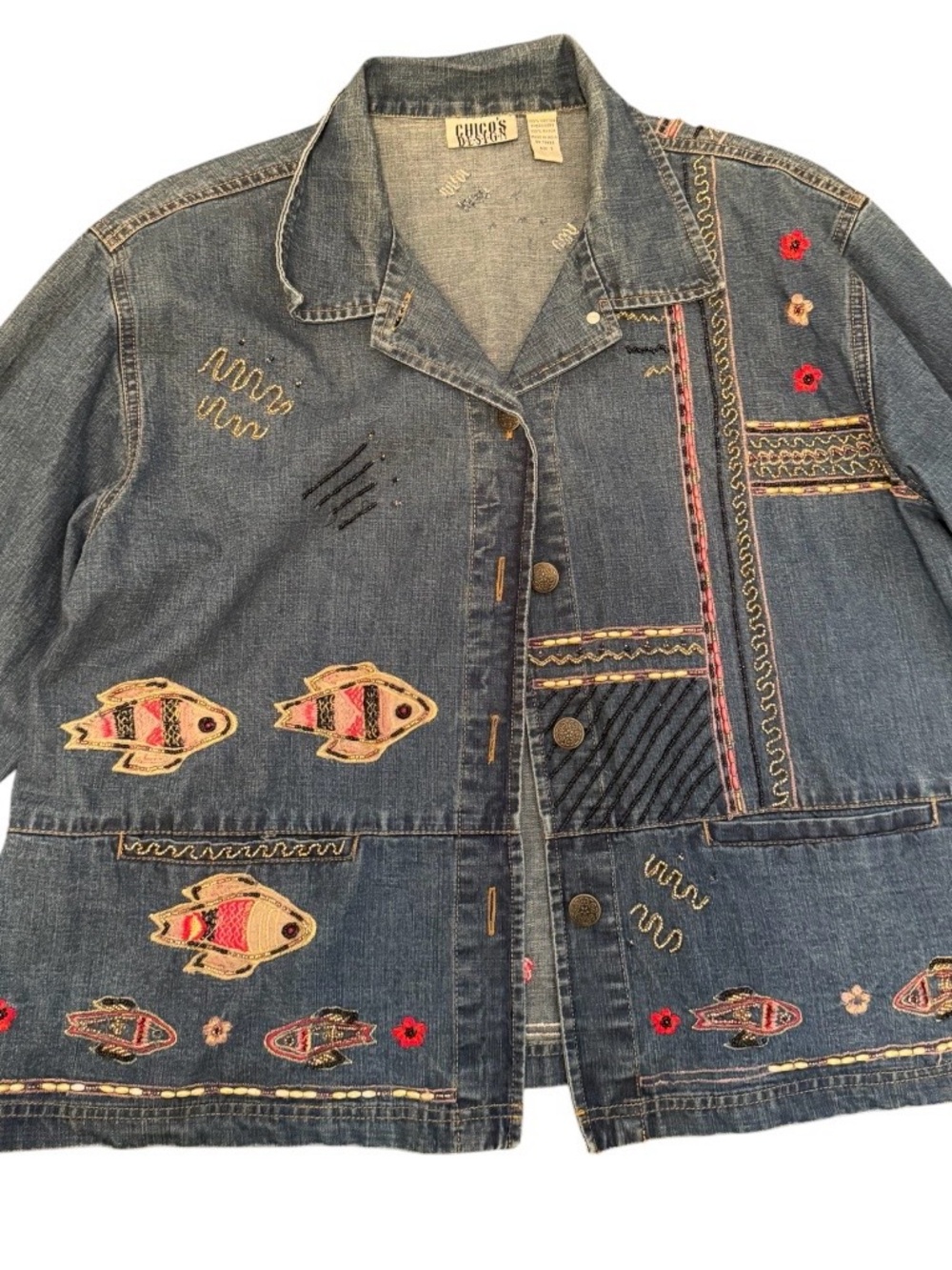 Chico's Blue Embroidered Denim Shirt Jacket